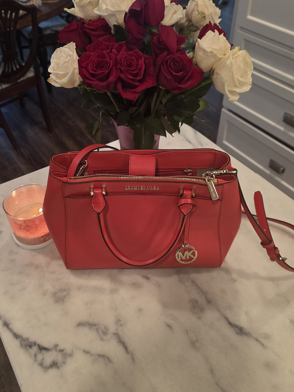 Michael Kors Bright Red Leather Satchel with Gold Hardware